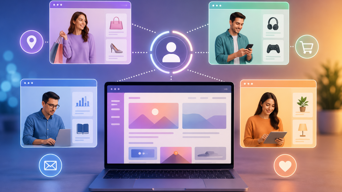 Personalized website experience displayed across connected user profiles and digital interfaces.