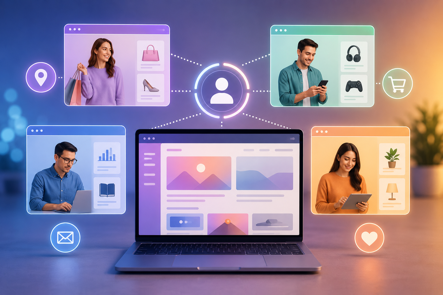 Personalized website experience displayed across connected user profiles and digital interfaces.
