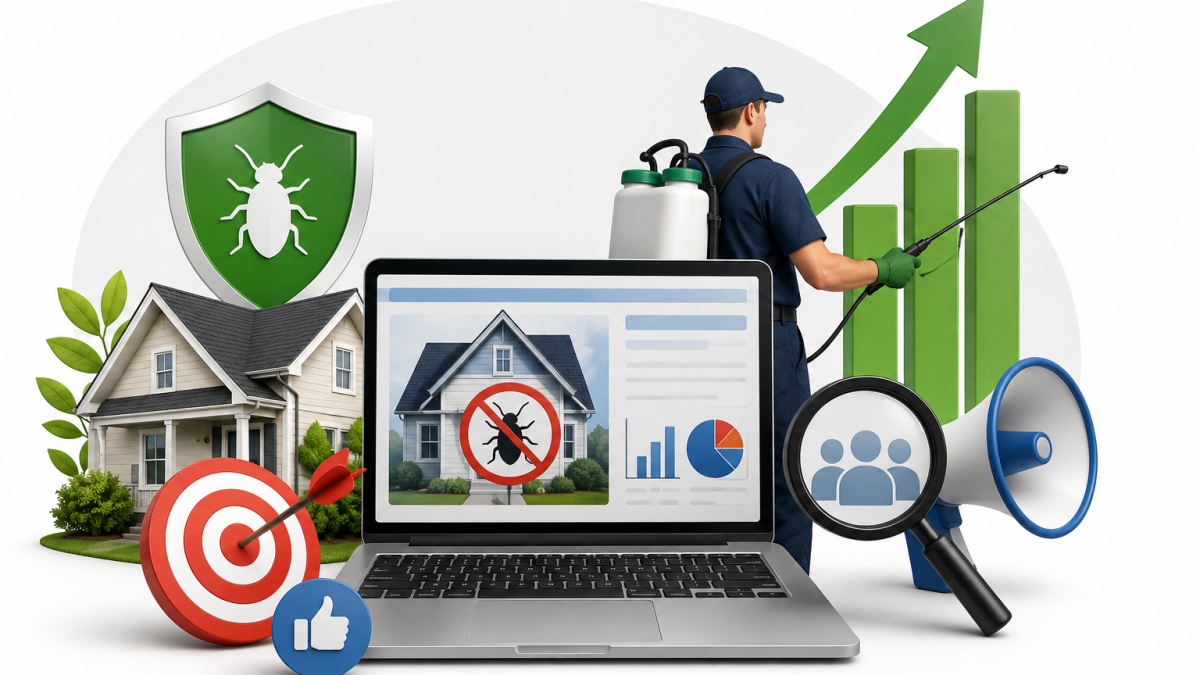 Pest control marketing concept showing digital growth and service success.