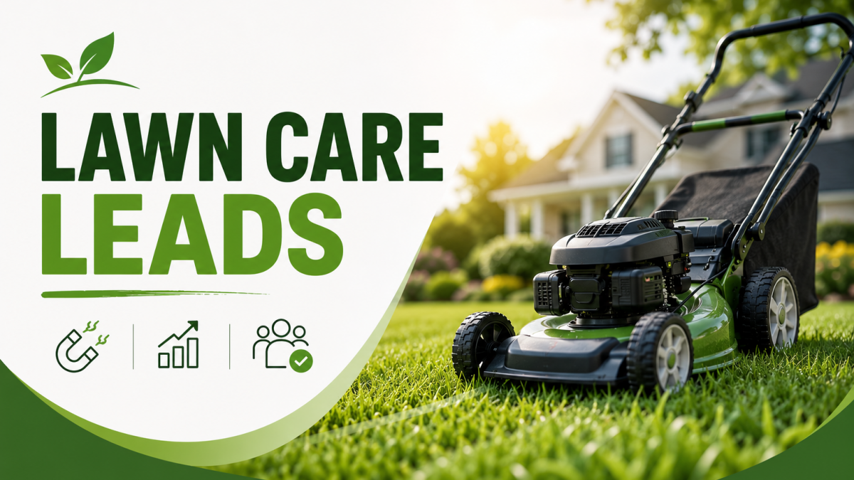 Hero image of a lawn mower on a freshly cut lawn promoting lawn care lead generation.