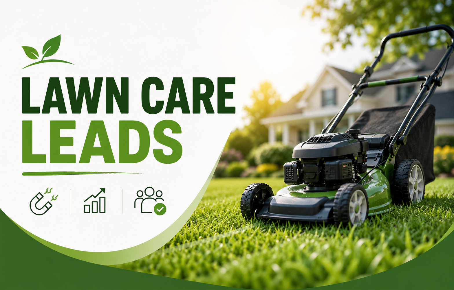 Hero image of a lawn mower on a freshly cut lawn promoting lawn care lead generation.