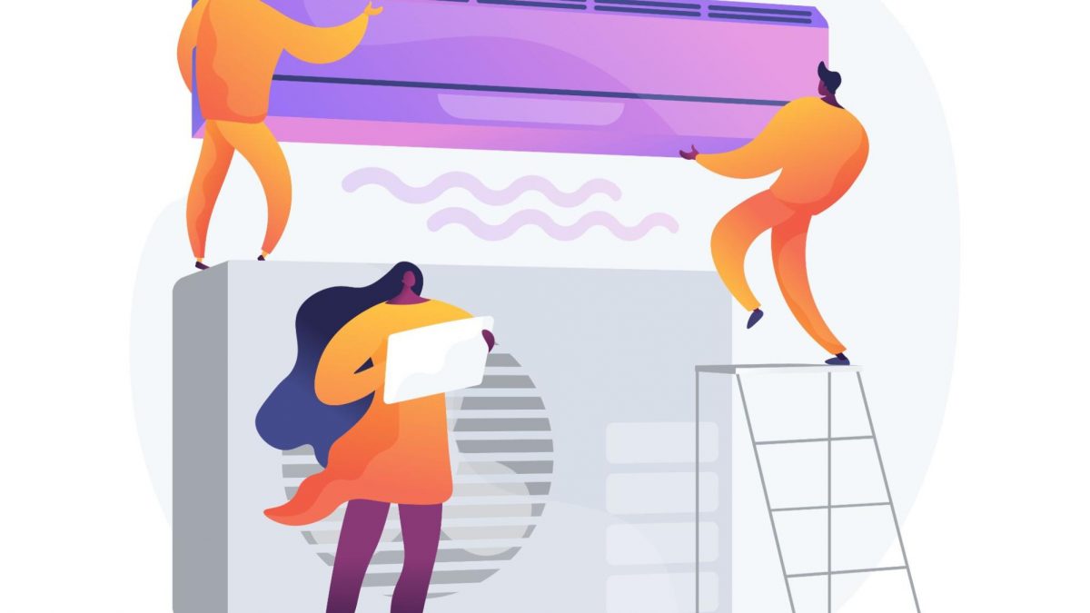 HVAC technicians installing an air conditioning unit illustration.