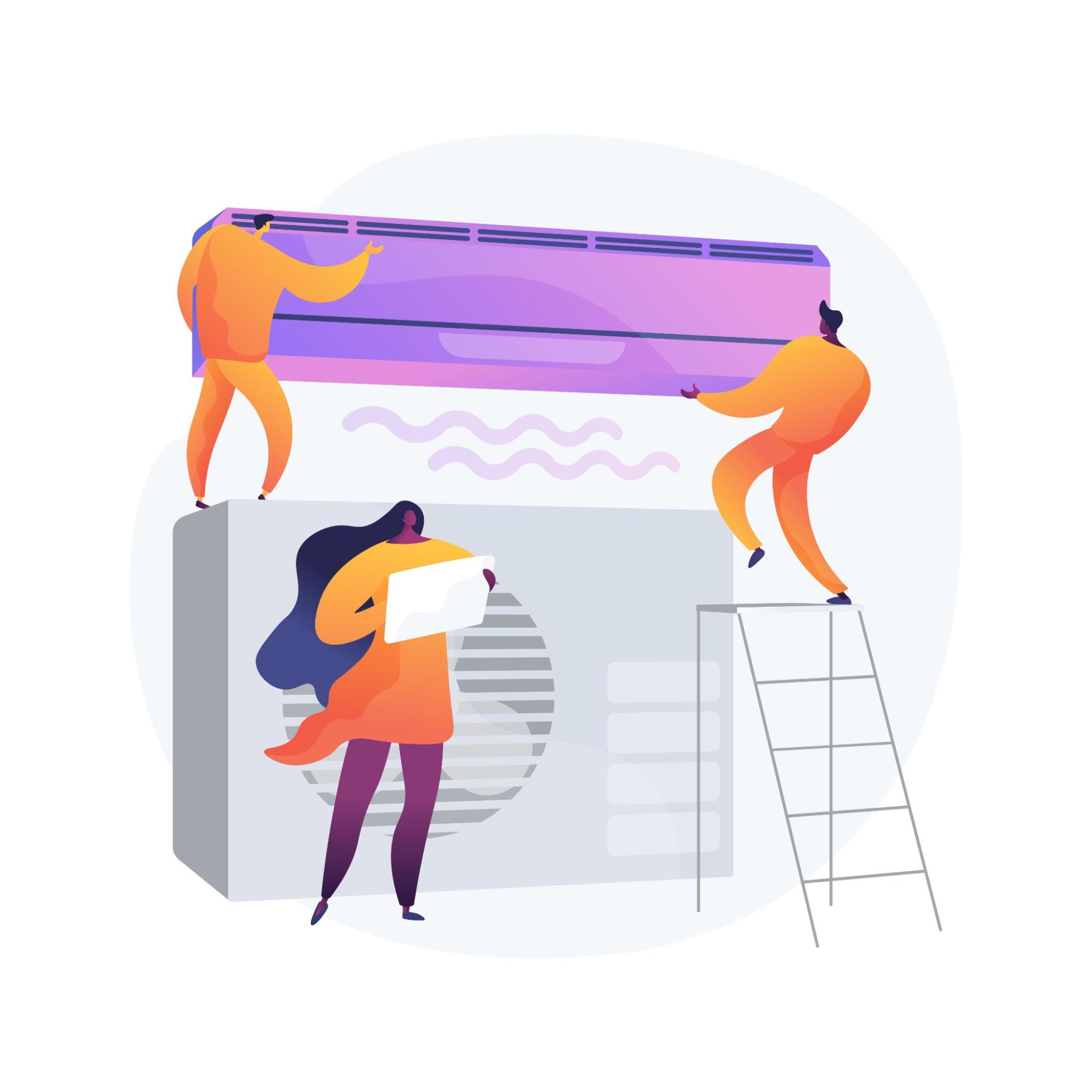 HVAC technicians installing an air conditioning unit illustration.