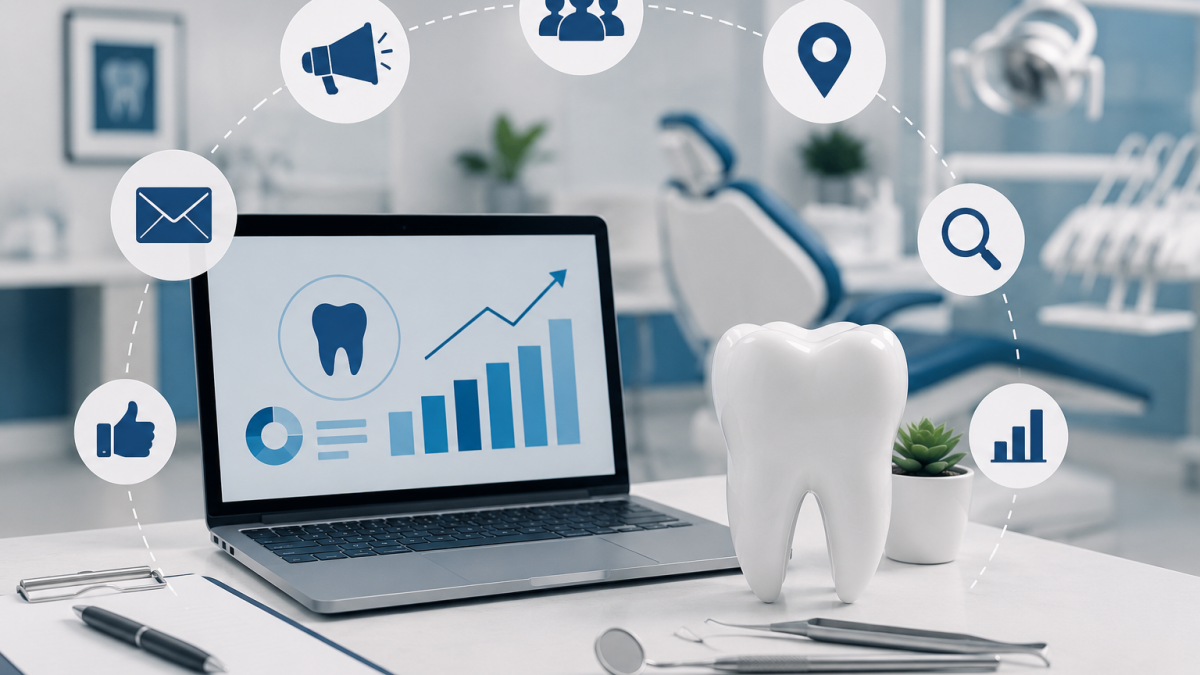 An image showing a dental clinic with symbols representing dental practice marketing.