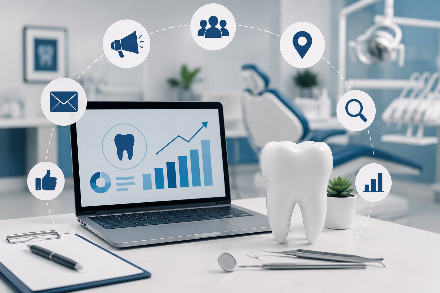 An image showing a dental clinic with symbols representing dental practice marketing.