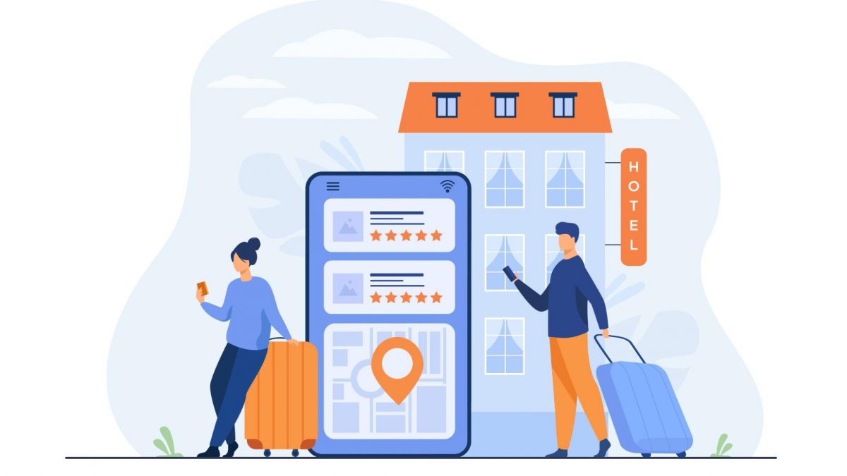 Hotel guests searching and booking accommodations online through Google.