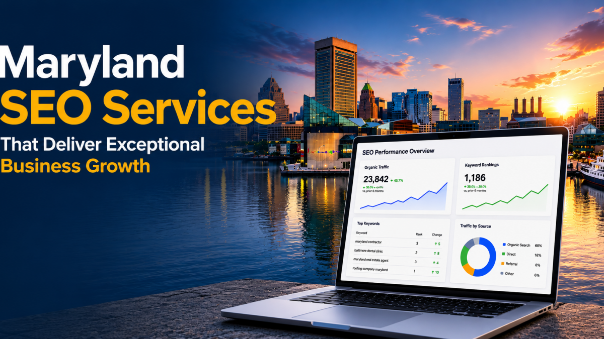 Maryland SEO services featuring Baltimore skyline, SEO analytics dashboard, and business growth metrics.