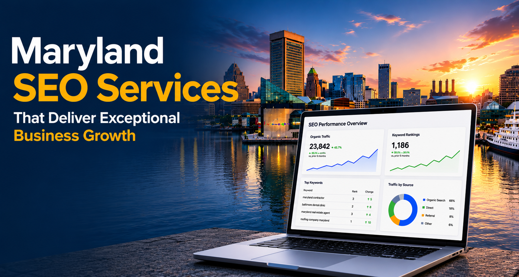 Maryland SEO services featuring Baltimore skyline, SEO analytics dashboard, and business growth metrics.