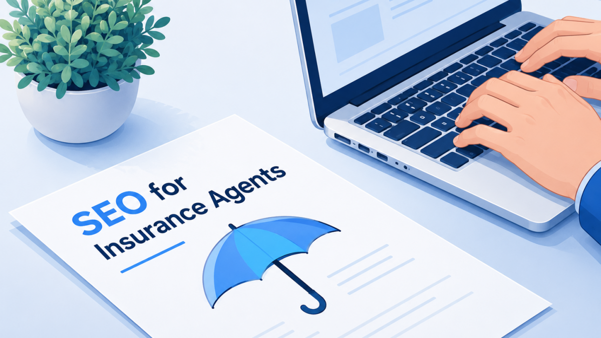 SEO for Insurance Agents illustration showing search visibility, insurance protection, and lead growth.