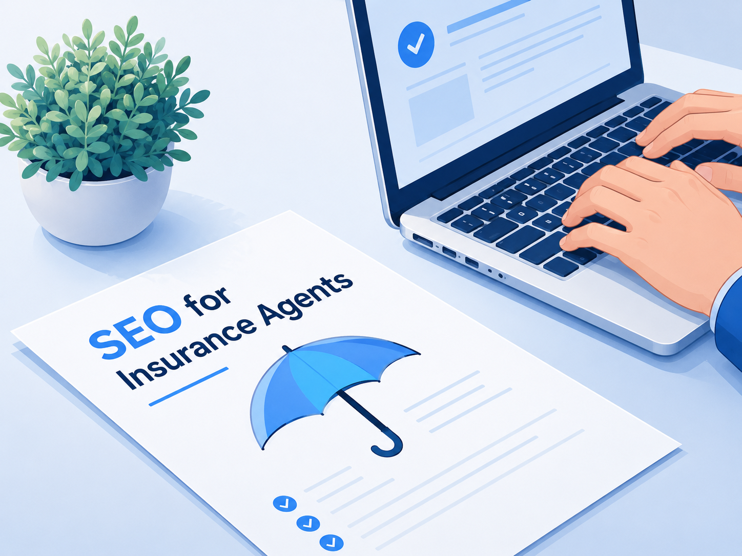 SEO for Insurance Agents illustration showing search visibility, insurance protection, and lead growth.