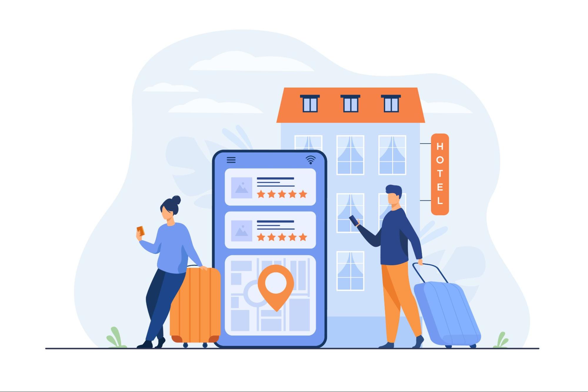 Hotel guests searching and booking accommodations online through Google.