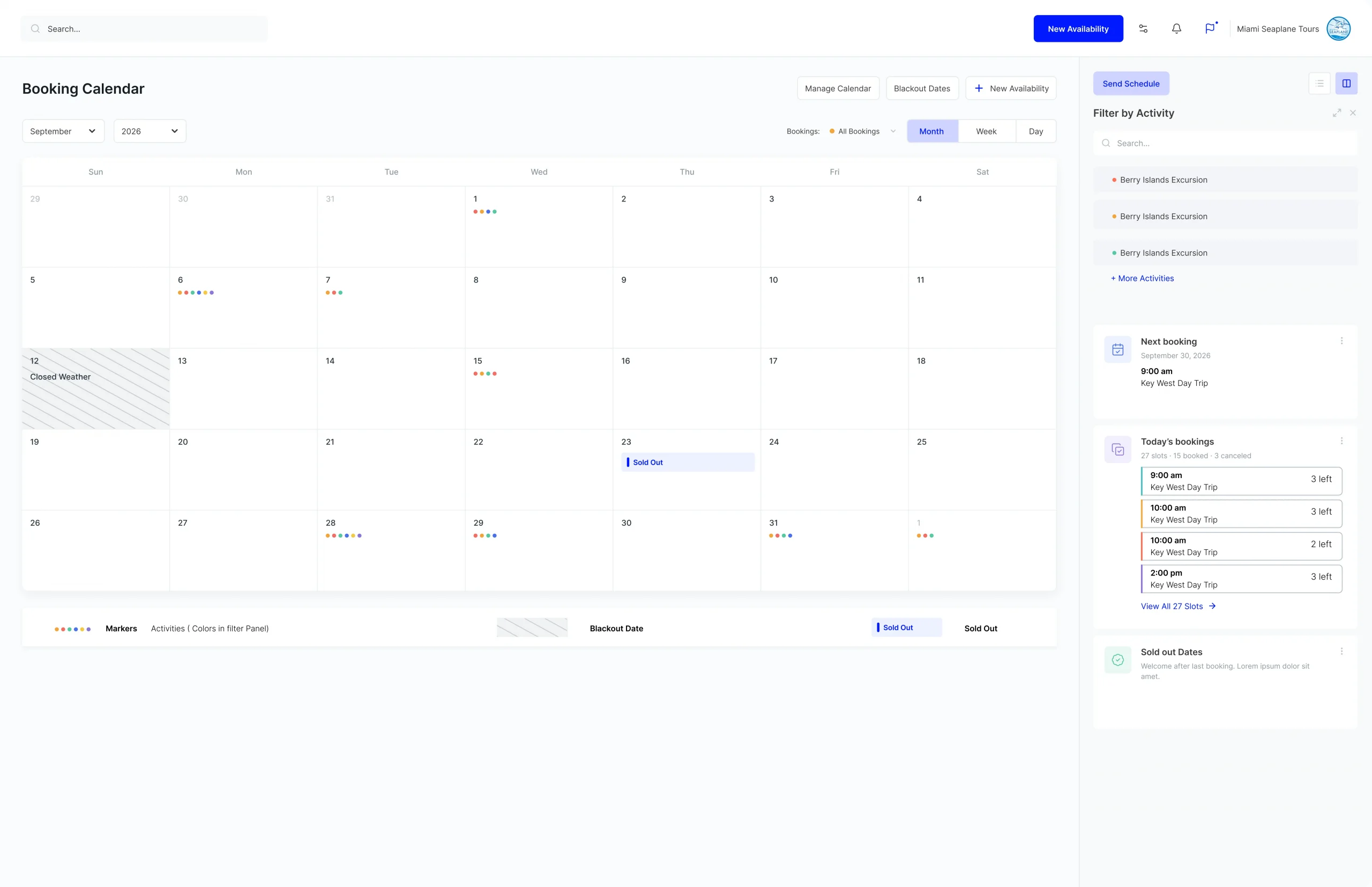 Booking calendar showing tour availability and departures