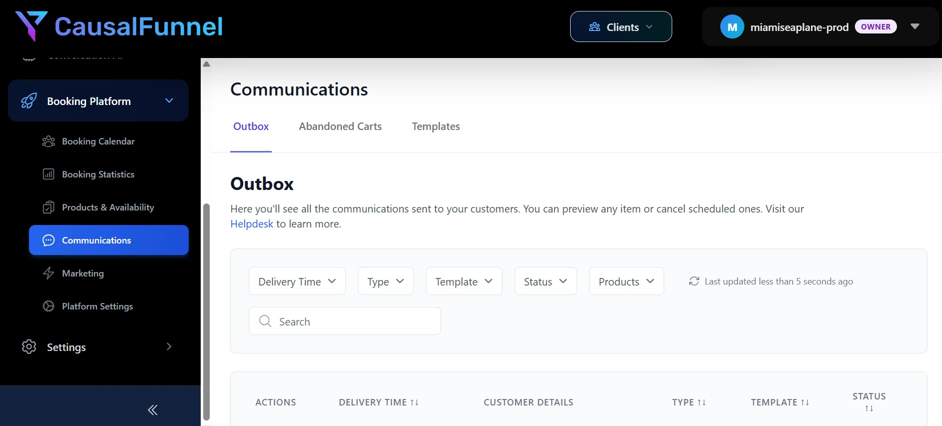 CausalFunnel booking platform dashboard
