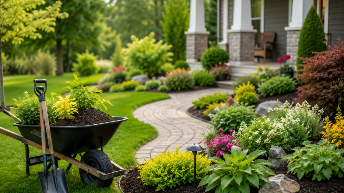 Landscaped front yard with lush lawn, reflecting the services offered by landscaping companies.