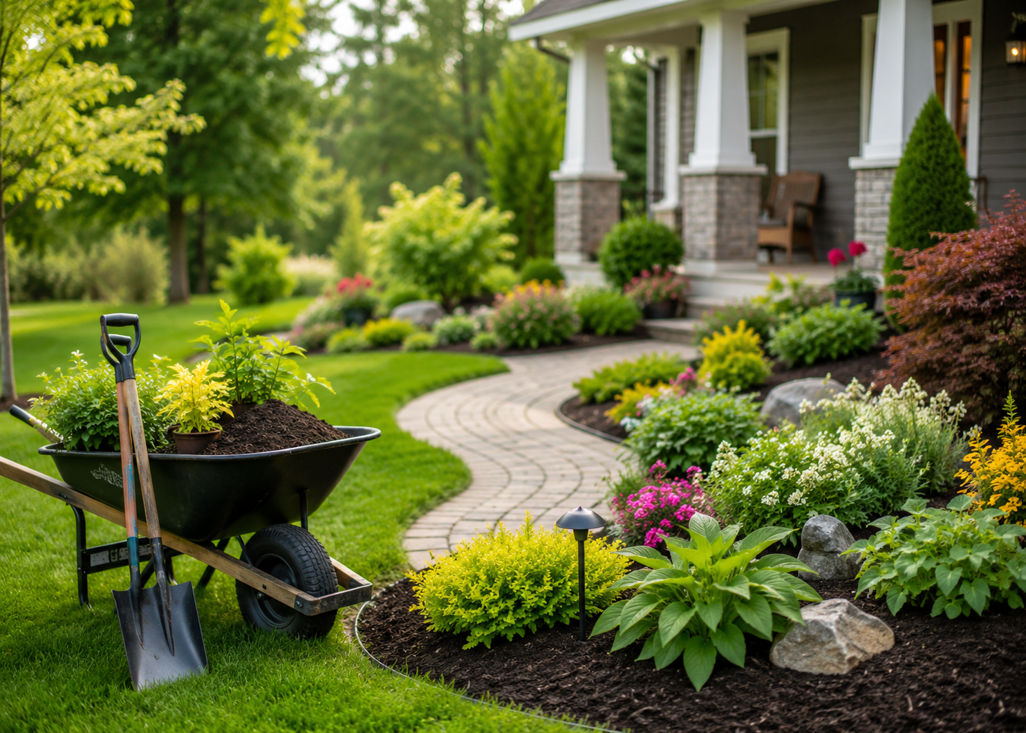 Landscaped front yard with lush lawn, reflecting the services offered by landscaping companies.