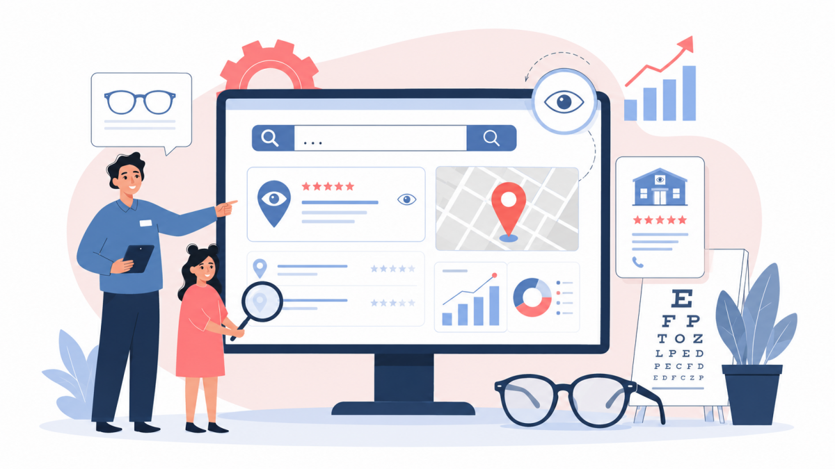 Optometrist SEO dashboard showing local search visibility, rankings, maps, reviews, and eye care services.