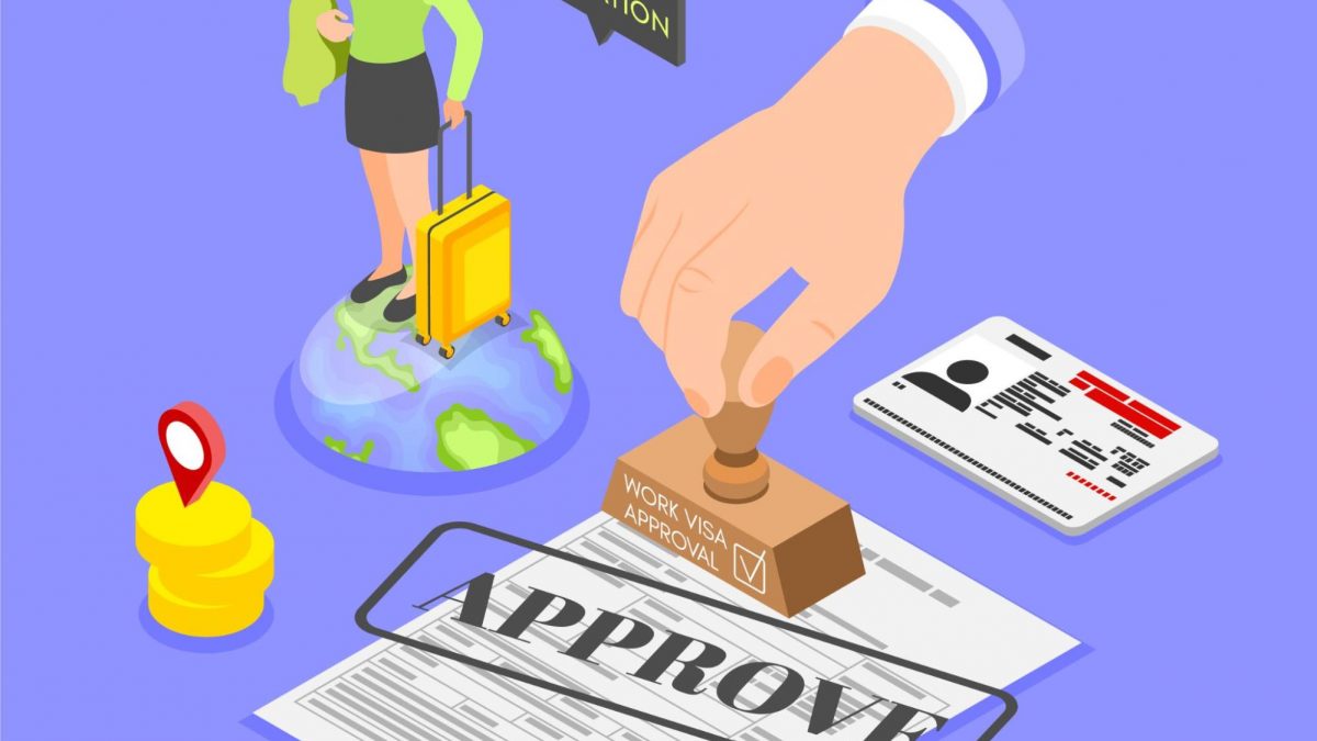 Immigration visa approval illustration showing a woman with a suitcase preparing to travel.