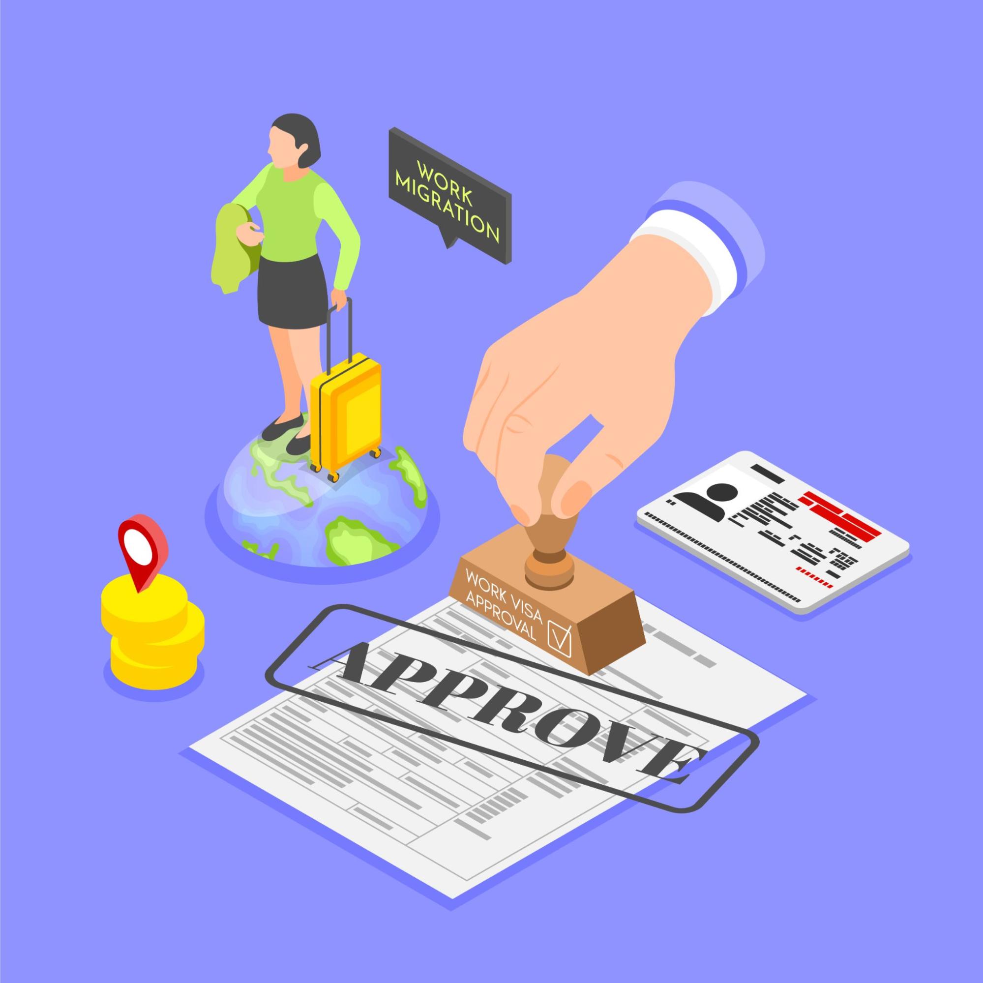 Immigration visa approval illustration showing a woman with a suitcase preparing to travel.