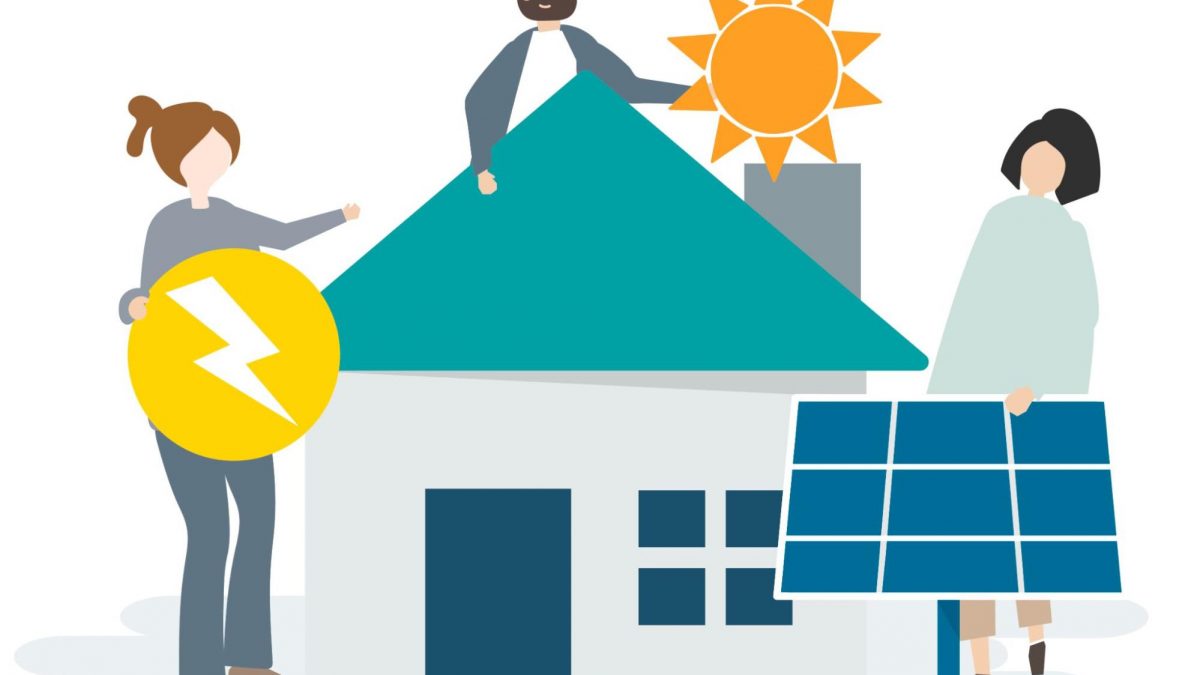 SEO for solar companies illustration with home solar panels and clean energy visuals.