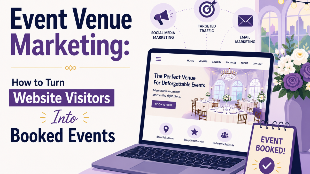 Illustration of event venue marketing strategies that convert website visitors into booked events.