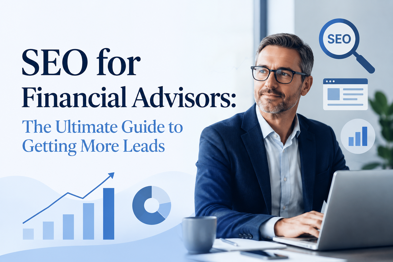 SEO for financial advisors guide with analytics and lead generation graphics.