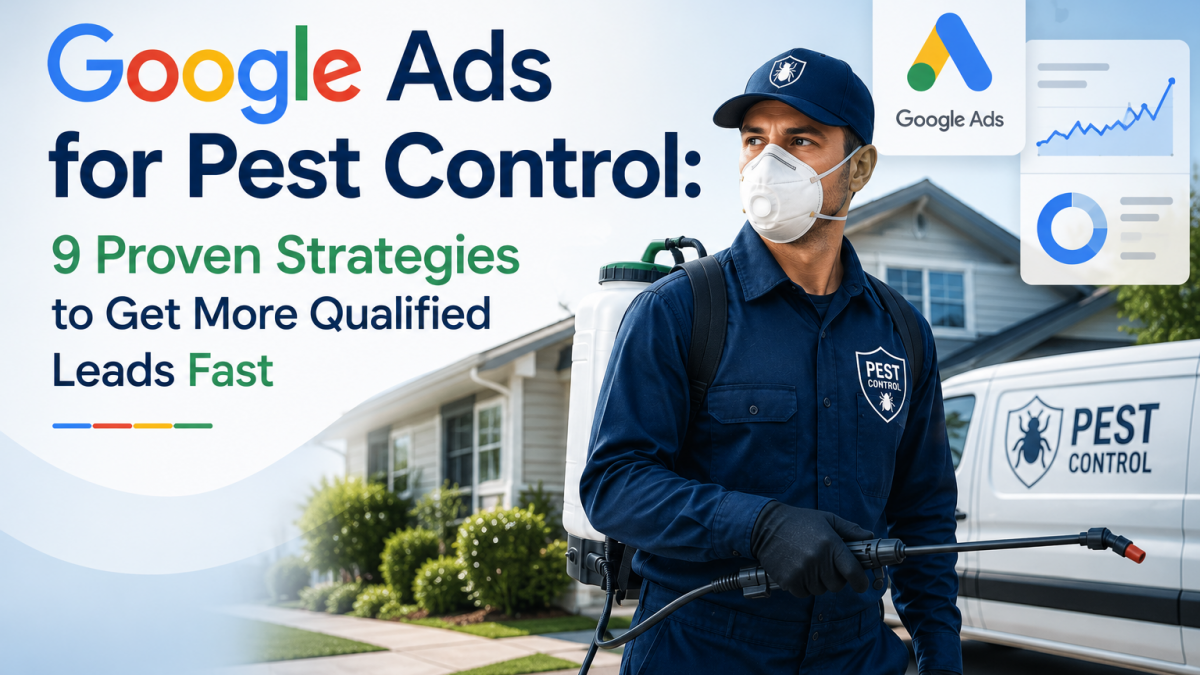 Pest control technician promoting Google Ads strategies for generating more qualified pest control leads.