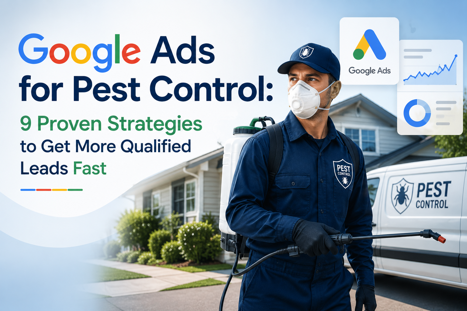Pest control technician promoting Google Ads strategies for generating more qualified pest control leads.
