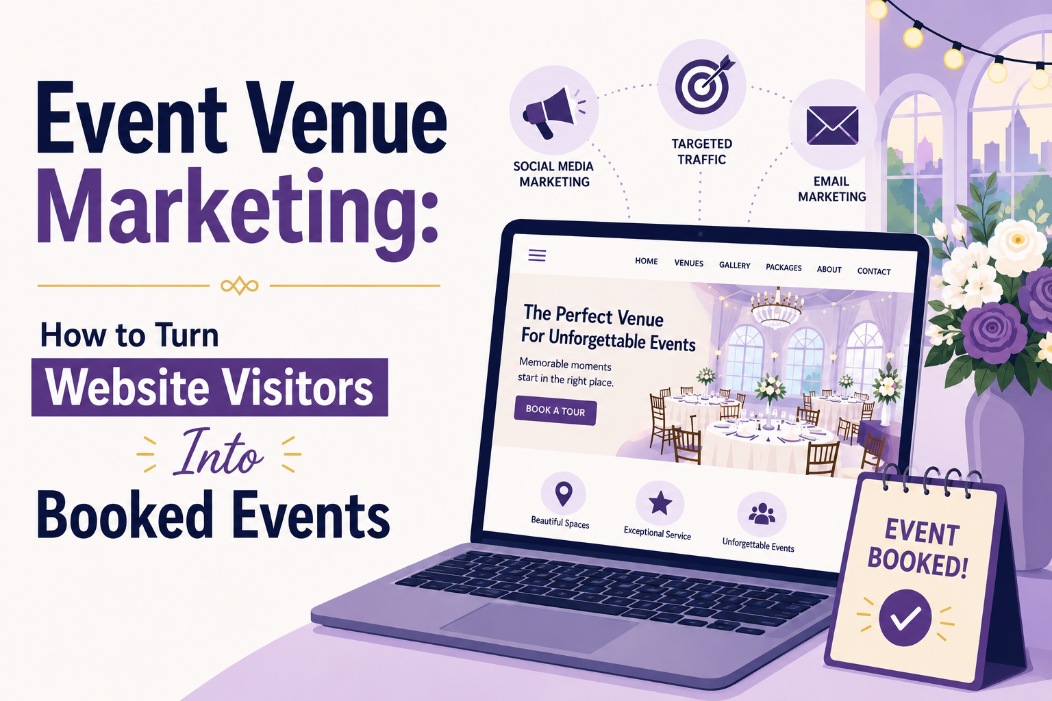 Illustration of event venue marketing strategies that convert website visitors into booked events.
