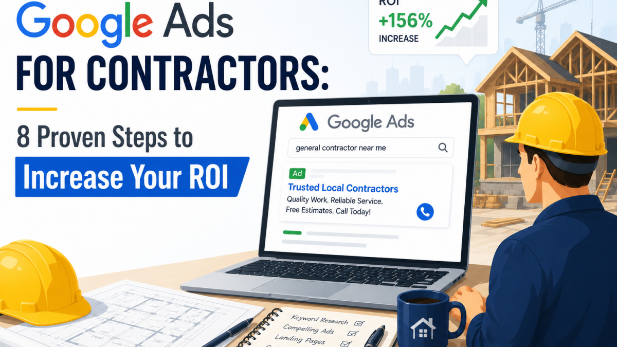 Google Ads for contractors showing ROI growth, online campaigns, and lead generation strategy.