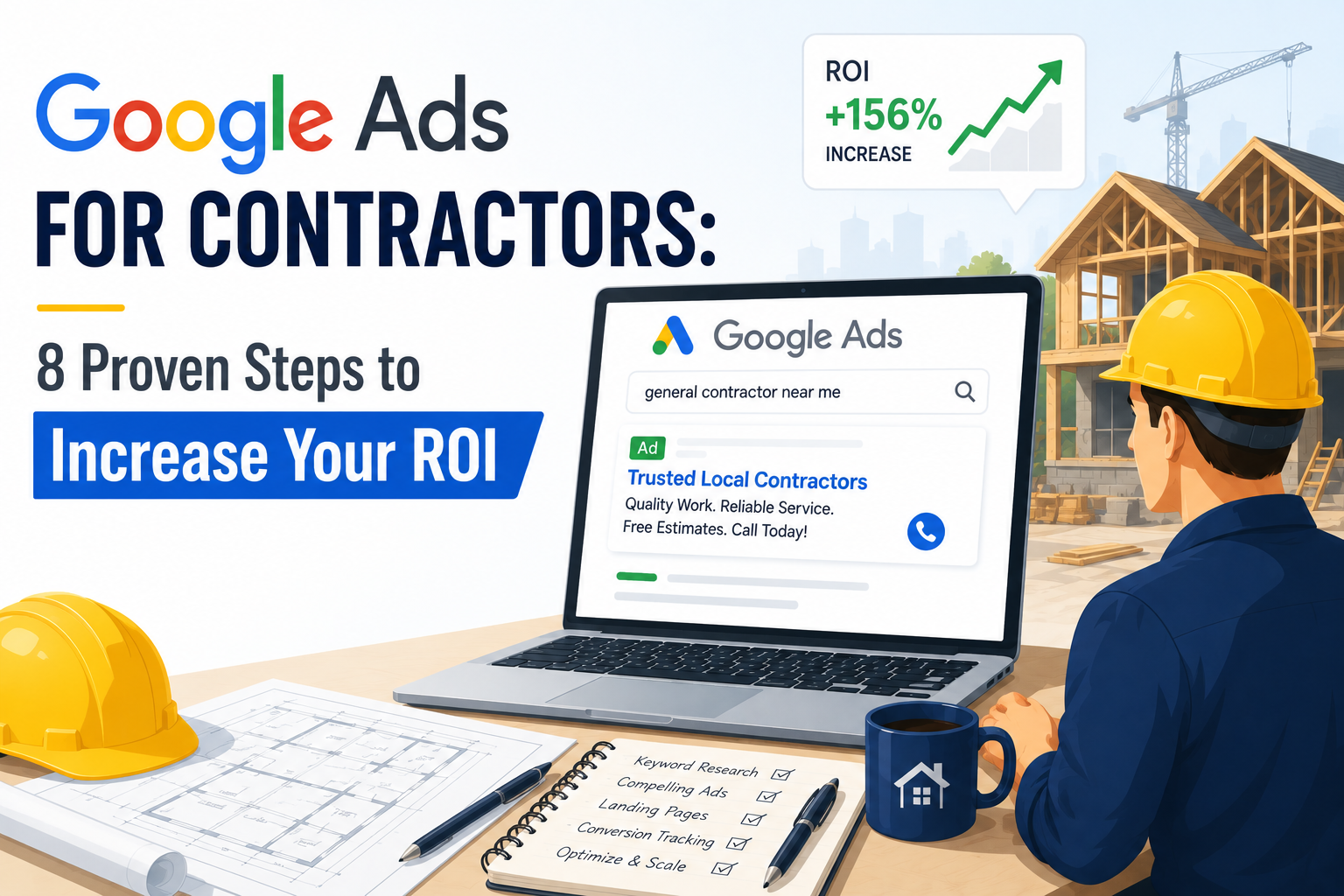 Google Ads for contractors showing ROI growth, online campaigns, and lead generation strategy.